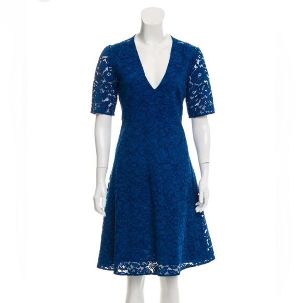 Joseph Women’s 38 Holly‎ Elbow Sleeve All Over Lace Fit And Flare Dress Blue